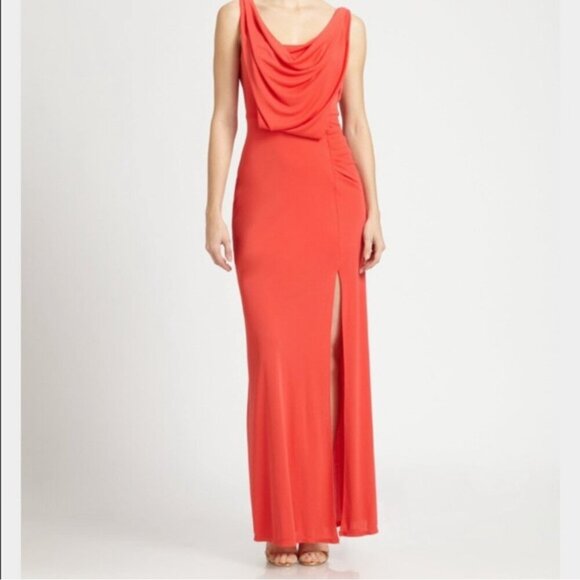 BGBGMaxAzria "Lena" Orange/Red Draped front, Cowl Open Back Gown, Size Small - Picture 2 of 16